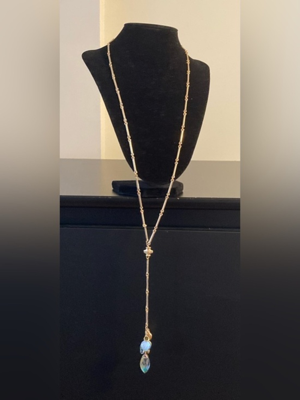 Gold-Tone Pendant Necklace with Iridescent and Light Blue Charms